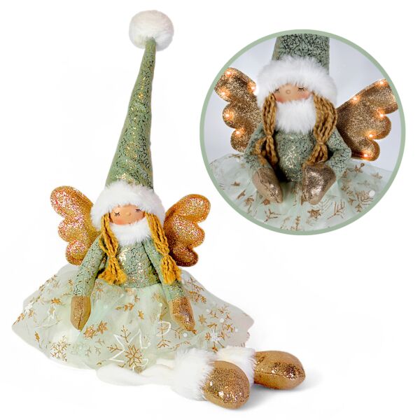23.6&quot; Green Snow Angel Handmade Christmas Decor Collectible Doll with Wings and LED