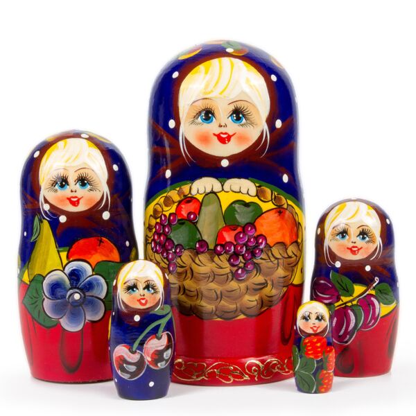 Blue Kerchief Fruit Basket Handmade Nesting Doll (5 pc.)