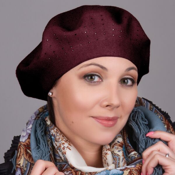 Burgundy Crystal-Embellished Knitted Beret