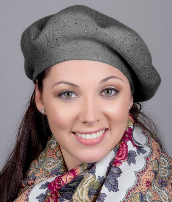 Light Grey Crystal-Embellished Knitted Beret