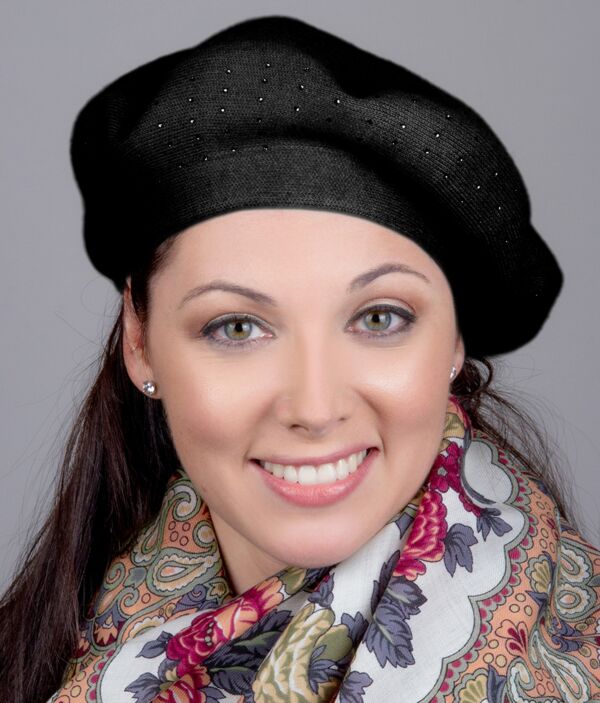 Black Crystal-Embellished Knitted Beret