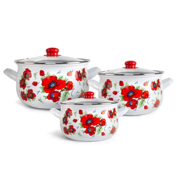 Poppies Enamel Belly Deep Stock Pot Set with Tempered Glass Lids Set of 3