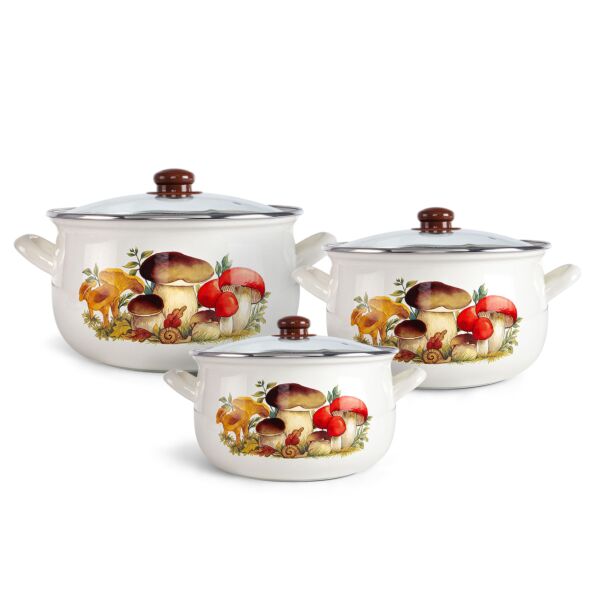 Mushrooms Enamel Belly Deep Stock Pot Set with Tempered Glass Lids Set of 3