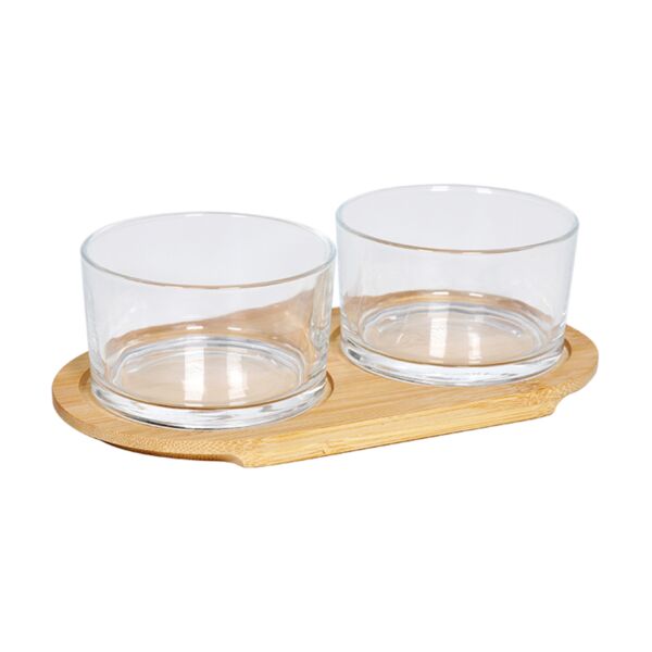 Glass Breakfast Set / Partitioned Serving Dish with Wooden Stand (2 sections)