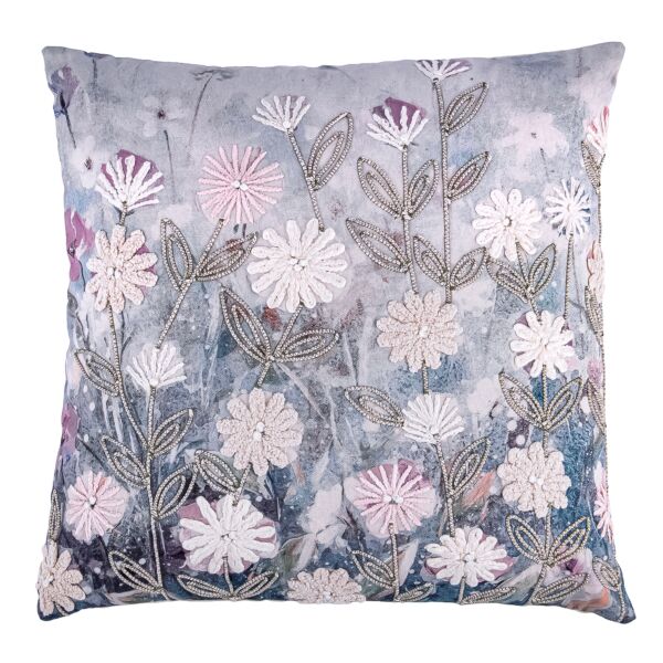 Purple Spring Florals Cotton Embroidered Throw Pillow 