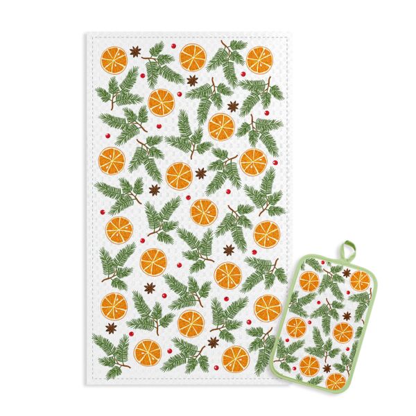 Holiday Oranges Linen Cotton Kitchen Towel Potholder Set