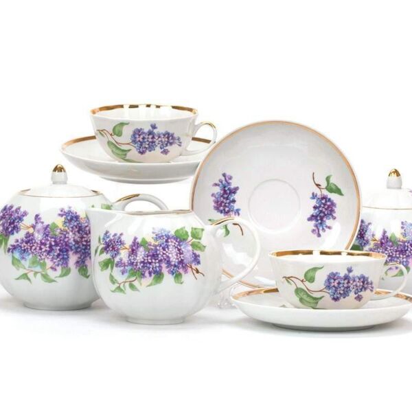 Lilac Gold Rim Porcelain 15 pc. Tea Set for 6 persons