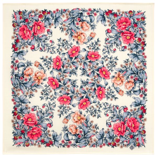 Blush Peony on White Pavlovo Posad Wool Shawl