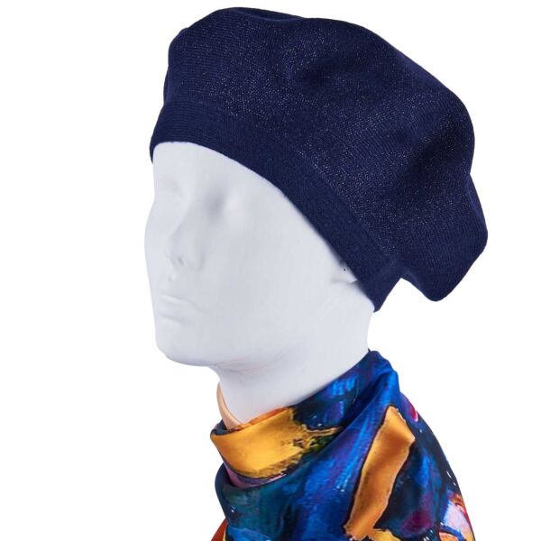 Knitted Beret Beanie Hat Dark Blue Metallic Thread