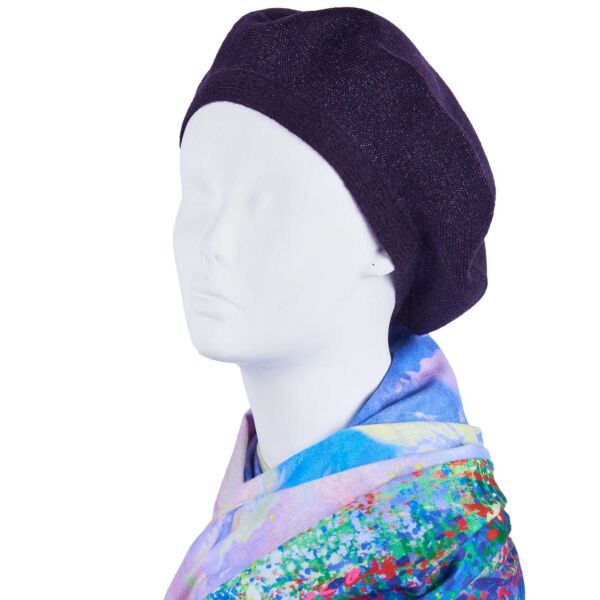 Violet Metallized Knitted Beret Beanie Hat