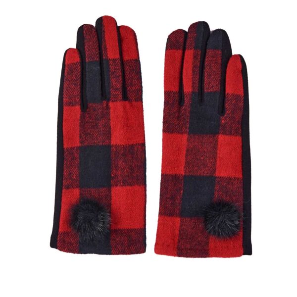 Plaid Check Patterned Pom Pom Accented Smart Touch Red&amp;Black Gloves