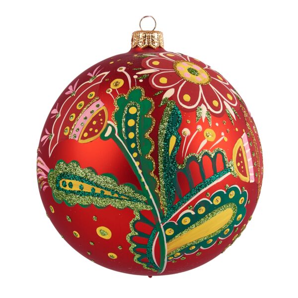 Ethnic Flowers on Red Glass Home Decor Ornament