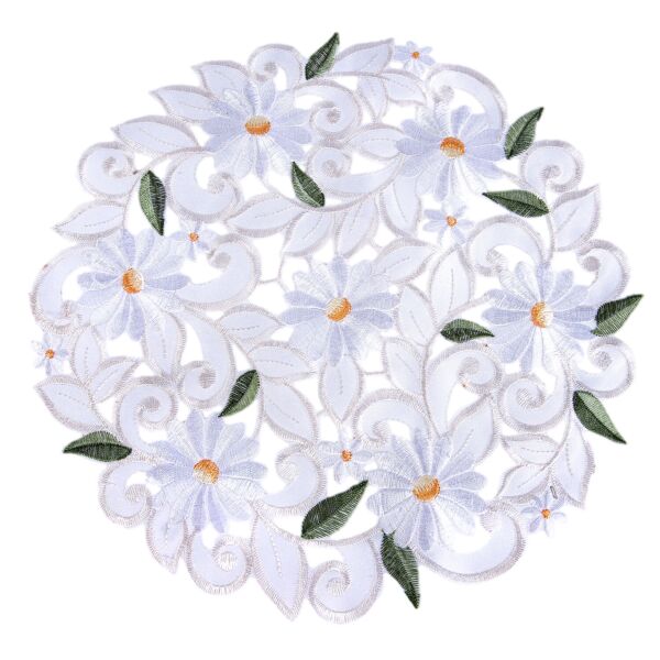 White Daisy With Green Leaves Embroidered Doily