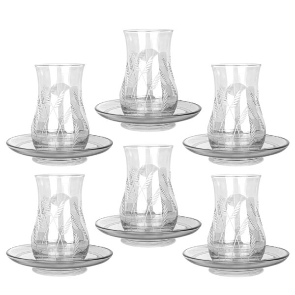 Diva Smoked Hand-Etched Traditional Tea Glasses with Saucers Set of 12 for 6 pers.