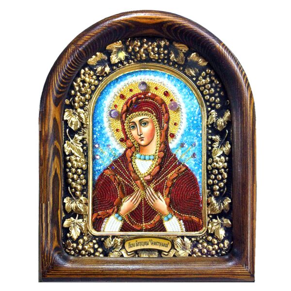 Theotokos of the Seven Sorrows  Hand Beaded Icon Wood Frame Natural Stones
