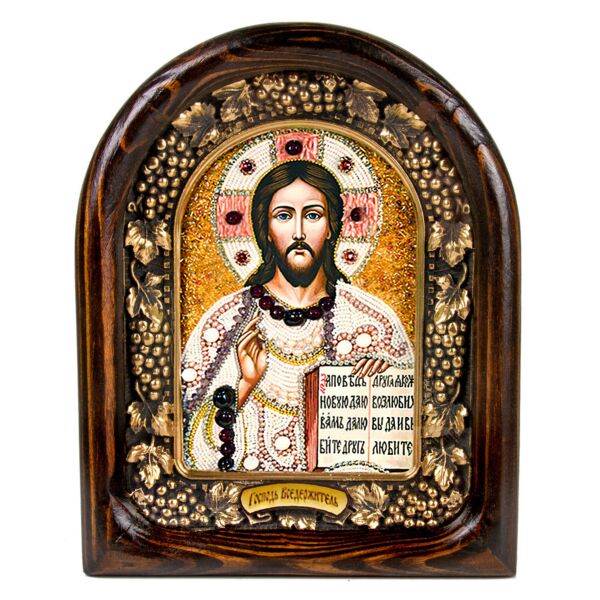 Christ Pantocrator Hand Beaded Icon Wood Frame Natural Stones