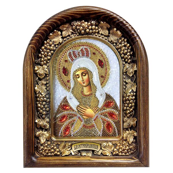 Our Lady of the Gate of Dawn Hand Beaded Icon Wood Frame Natural Stones