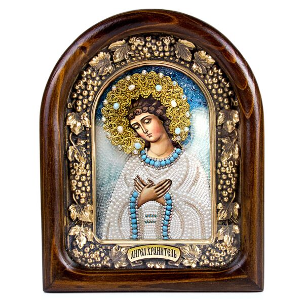 Guardian Angel Hand Beaded Icon Wood Frame Natural Pearls