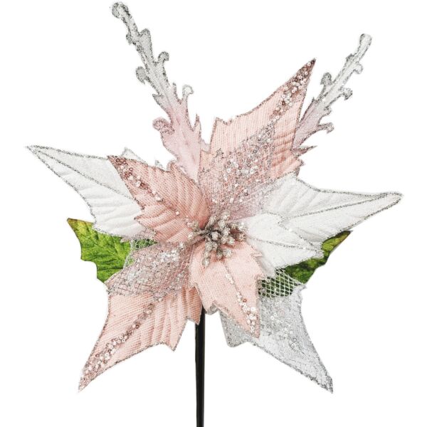 Pink and Silver Poinsettia Stem Christmas Decoration