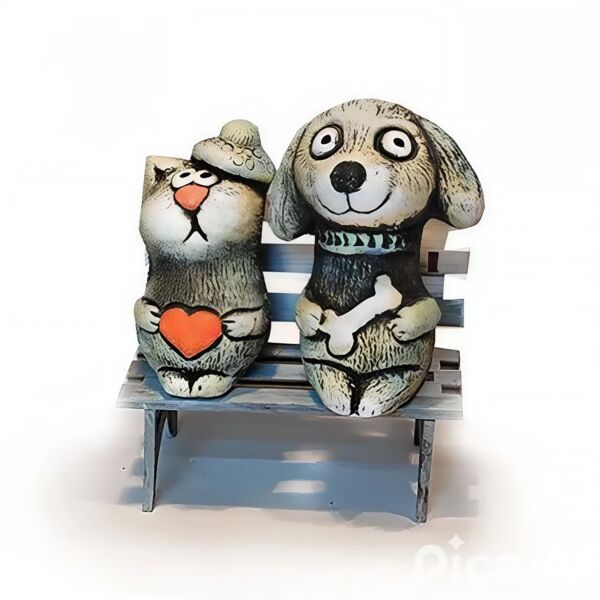 Cat and Dog on Bench Handmade Ceramic Figurine