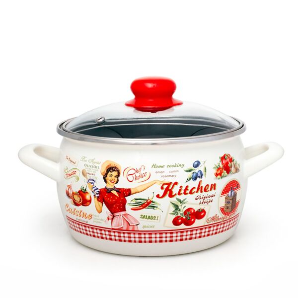 Retro Kitchen Enamel Deep Stock Pot with Glass Lid