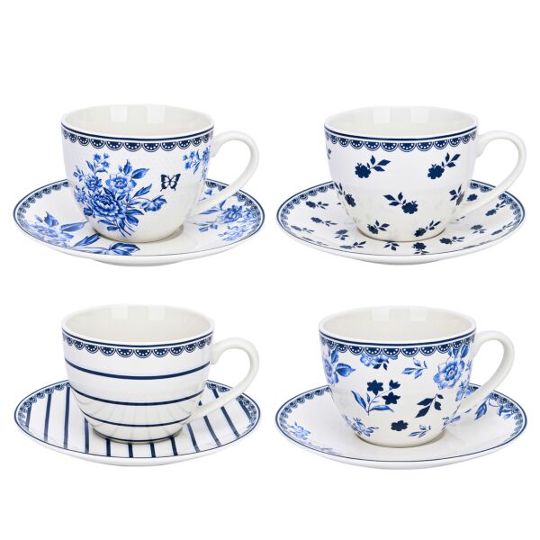 Vintage Indigo Porcelain Teacup and Saucer Set of 4