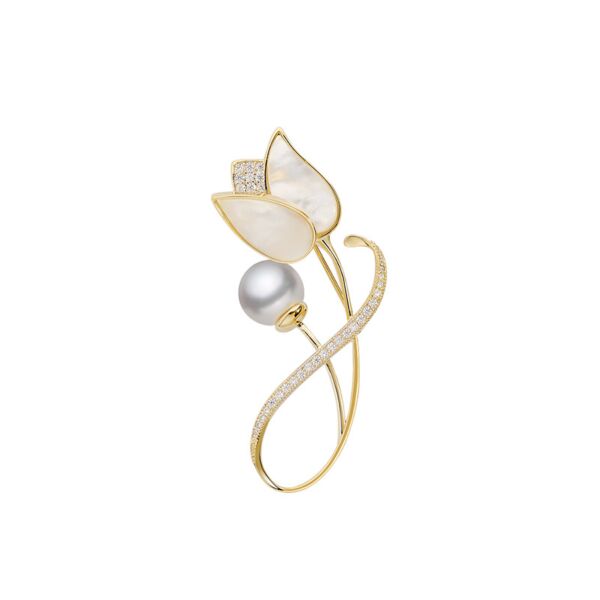White Tulip Brooch with Faux Pearl 