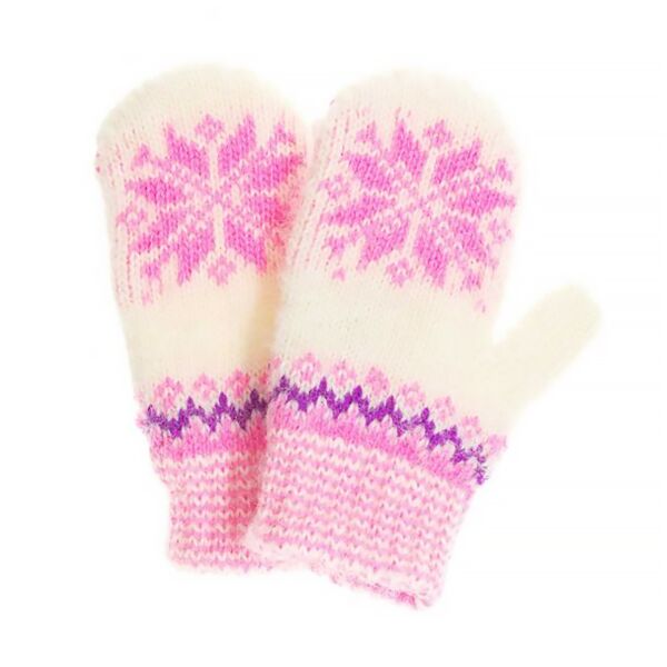 White and Pink Star Wool Kids&#039; Mittens in Size 12