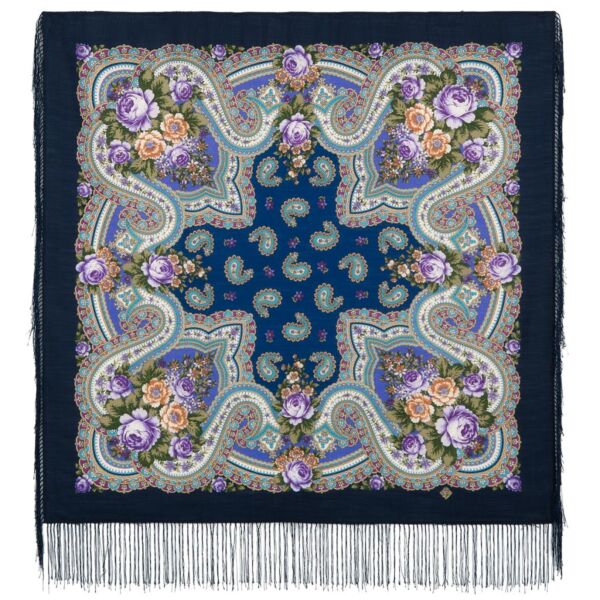 Deep Navy Purple Rose Pavlovo Posad Wool Shawl 