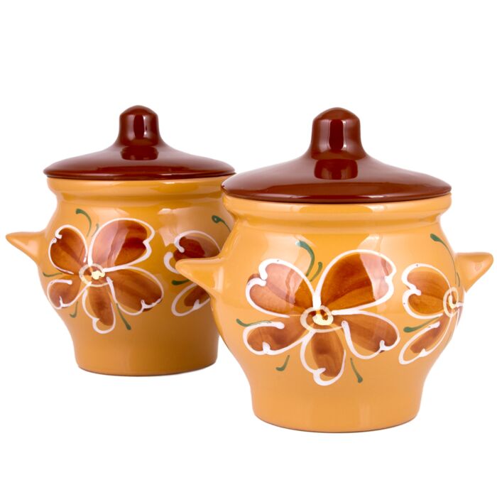 Set of 2 Beige Hand-Painted Clay Stoneware Baking Pots with Lids