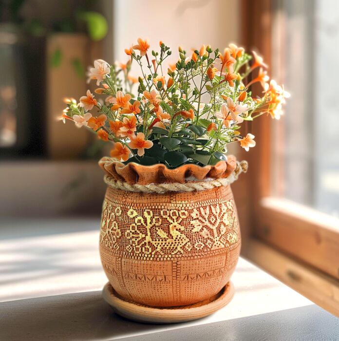 Ornamental Birds Ceramic Planter with Drainage Hole and Saucer