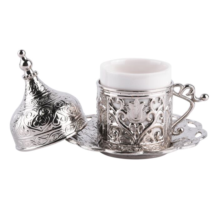 Turkish Espresso Coffee Serving Silver Tulip Metal & Porcelain Cup with  Saucer and Lid