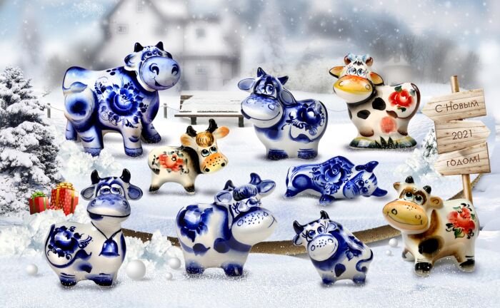 Blue and White Porcelain Laying Bull Figurine