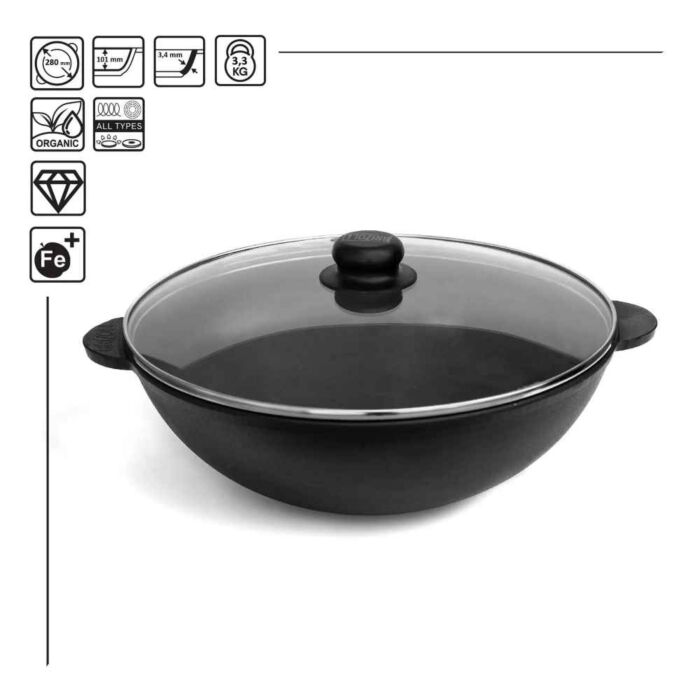 Wok Cast-Iron Frying Pan with Glass Lid
