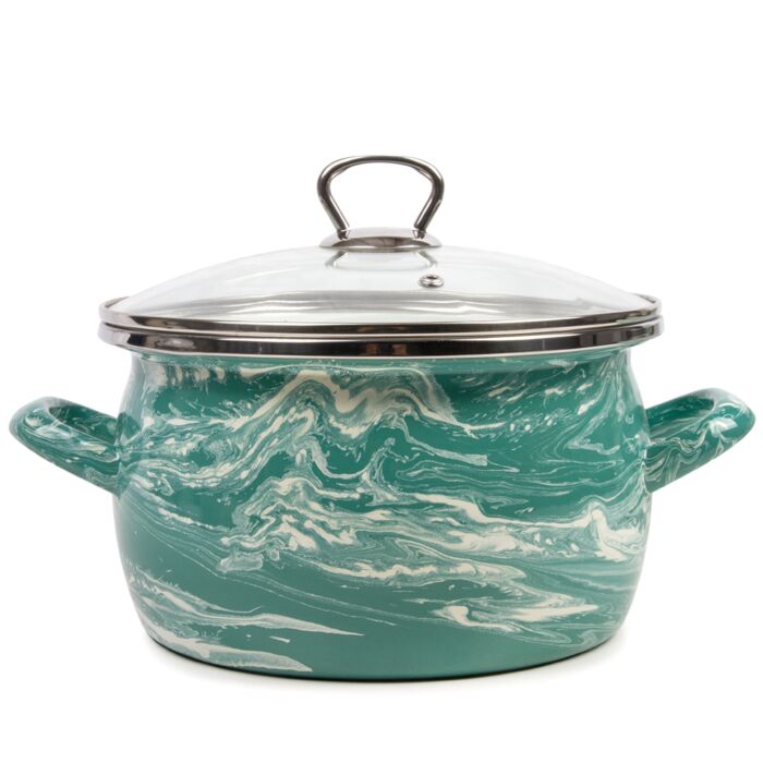 Shake White and Turquoise Enamelware Pot with a Glass Lid