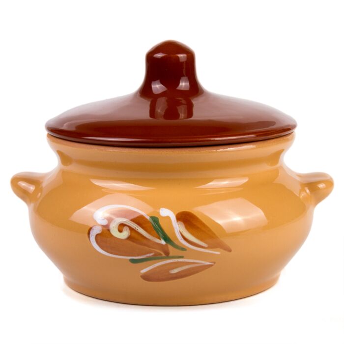 Beige Hand-Painted Clay Stoneware Baking Pot with Lid (0.5-Qt)