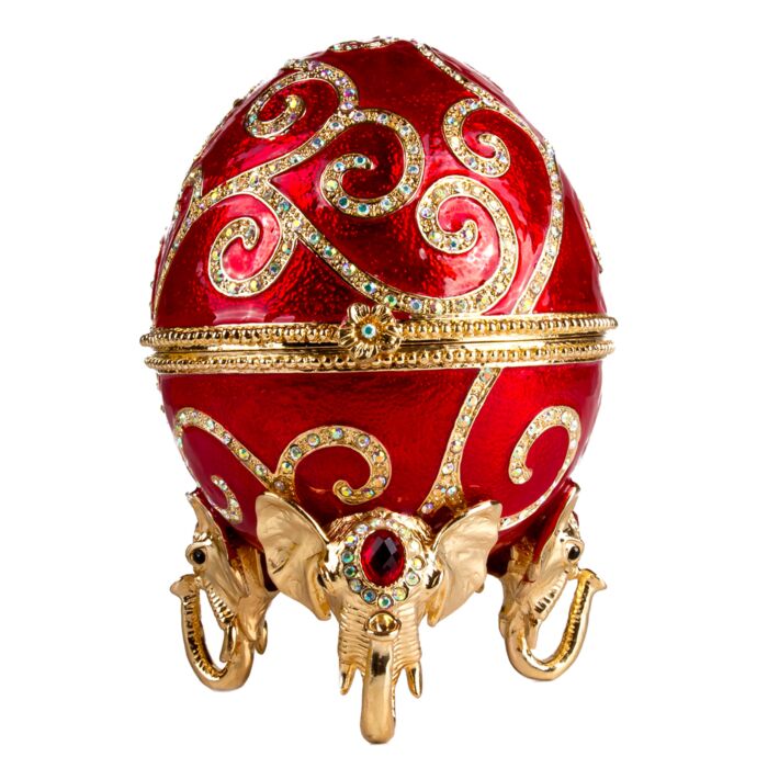 Swirl with Elephants Stand Imperial Egg Jewelry Box in Red
