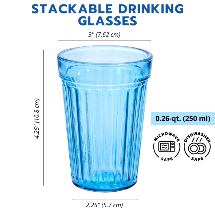 Stpgoods Blue Faceted Stackable Drinking Glasses Set 4 Pcs 8.45 fl oz Glass Tumbler Set Water Glasses
