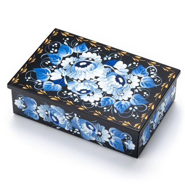 Blue Flowers Rectangular Handmade Wooden Petrykivka Painting