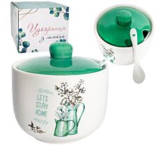 Teal Cottagecore Ceramic Sugar Bowl with Spoon