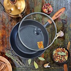 Classic Cast Iron Frying Pan with Wooden Handle and Glass Lid