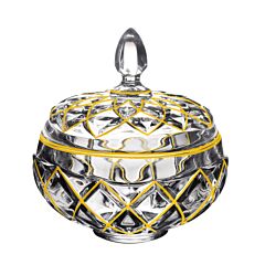 Glass Serving Bowl With Lid Bohemian Style Golden Rhombuses 
