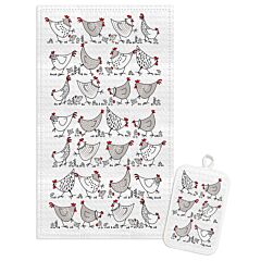 Funny Chickens Cotton Kitchen Towel and Potholder Set