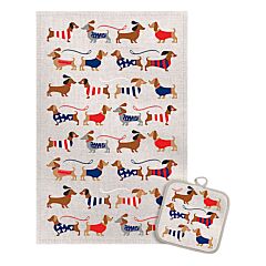 Dachshunds in Jumpers Linen Cotton Kitchen Towel and Potholder Set