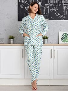 Blue Roses Long Sleeve Cotton Flannel Pajama Set for Women