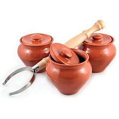 Set of 3 Natural Clay Stoneware Baking Pots with Oven Fork (0.5-Qt each)