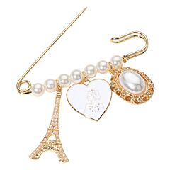 Beaded Safety Pin Brooch with Eiffel Tower, Heart, and Pearl