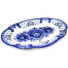 Spring Serving Platter Blue and White Gzhel Porcelain