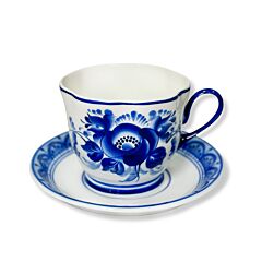 Sparrow Teacup and Saucer Blue and White Gzhel Porcelain