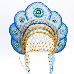 Handmade Gold and Blue Traditional Kokoshnik Headdress 